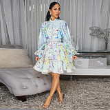 Women's printed ruffled sleeve patterned buttoned short dress with belt YF-10872
