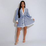 Casual women stripes print long sleeve A-line Blouse short dress YF-10876