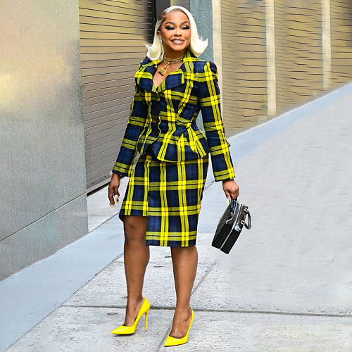 Fashion women's plaid print turndown collar midi skirts 2 pieces sets YF-10886