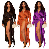 Women satin V-neck top and split bandage skirts 2 pieces sets YF-10882