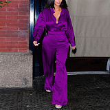 Elegant ladies woven long-sleeved shirt and pants solid color sets YF-20040