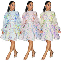 Women's printed ruffled sleeve patterned buttoned short dress with belt YF-10872