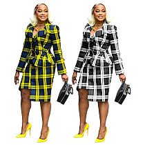 Fashion women's plaid print turndown collar midi skirts 2 pieces sets YF-10886