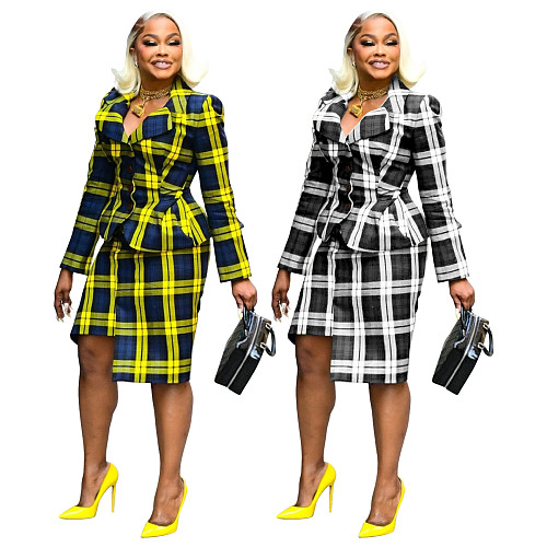 Fashion women's plaid print turndown collar midi skirts 2 pieces sets YF-10886