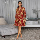 Stylish prints lady V-neck long sleeves hem midi dress YF-10878