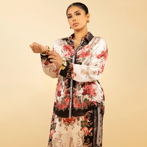 Fashion women's long-sleeved printed wide-leg pants two pieces set YF-10890