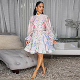 Women's printed ruffled sleeve patterned buttoned short dress with belt YF-10872