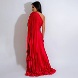 Red women one-shoulder oblique neck wrinkle long dresses YF-20020