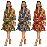 Stylish prints lady V-neck long sleeves hem midi dress YF-10878