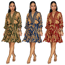 Stylish prints lady V-neck long sleeves hem midi dress YF-10878