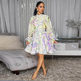Women's printed ruffled sleeve patterned buttoned short dress with belt YF-10872