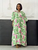 Fashion print women lantern sleeves split hem long dresses NY-11150
