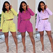 Elegant Lapel Long-Sleeved Suit Top And Shorts Two-Piece Suit For Women NY-3632