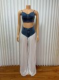 V-neck Halter Vest Pleated Denim Chiffon Trousers Set RS-9846