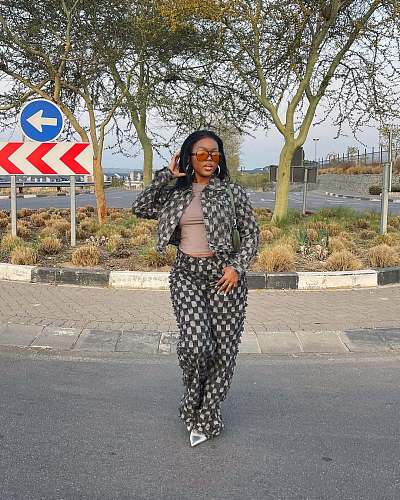 Casual women checkered printed denim suit TR-1339