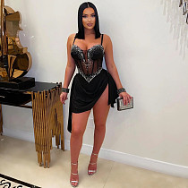 Black sexy transparent hot drilling straps women short dress NY-3655