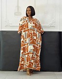 Fashion print women lantern sleeves split hem long dresses NY-11150