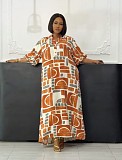 Fashion print women lantern sleeves split hem long dresses NY-11150