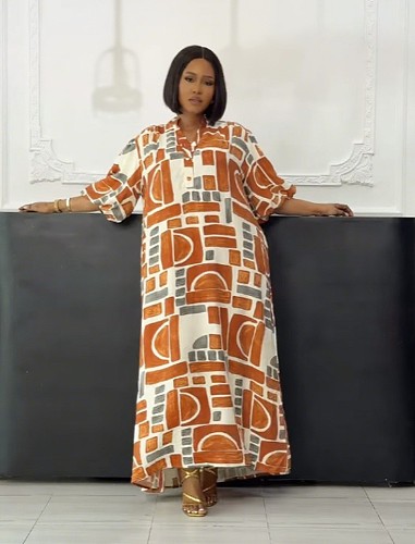 Fashion print women lantern sleeves split hem long dresses NY-11150