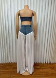 V-neck Halter Vest Pleated Denim Chiffon Trousers Set RS-9846