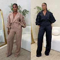 Casual women solid color lapel collar blazer and long pants two pieces suits NY-11101