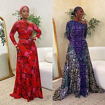 Elegant lady printed long sleeves oblique neck hem long dresses NY-11126