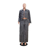 Casual women checkered printed denim suit TR-1339
