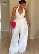 Elegant Halterneck V-Neck Backless Slim Fit Solid Color Wide-Leg Jumpsuit For Women NY-11075