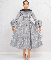 Elegant lady turndown collar lantern sleeves backless hem maxi dress NY-3727