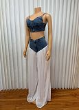 V-neck Halter Vest Pleated Denim Chiffon Trousers Set RS-9846
