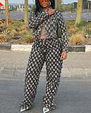 Casual women checkered printed denim suit TR-1339