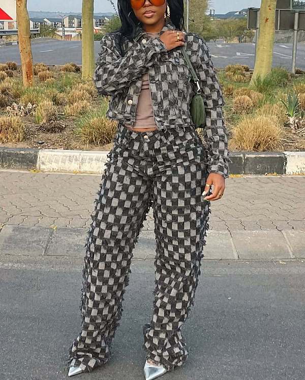 Casual women checkered printed denim suit TR-1339
