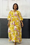 Fashion print women lantern sleeves split hem long dresses NY-11150