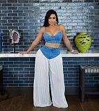 V-neck Halter Vest Pleated Denim Chiffon Trousers Set RS-9846