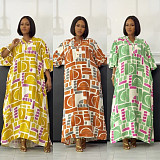 Fashion print women lantern sleeves split hem long dresses NY-11150