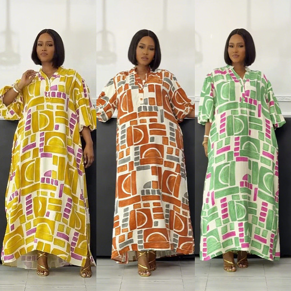 Fashion print women lantern sleeves split hem long dresses NY-11150