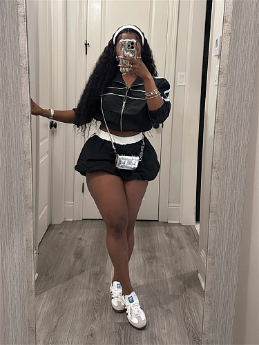 Crop Top Zipper Short-sleeved Blouse Skirt Suit For Women RS-K25L52
