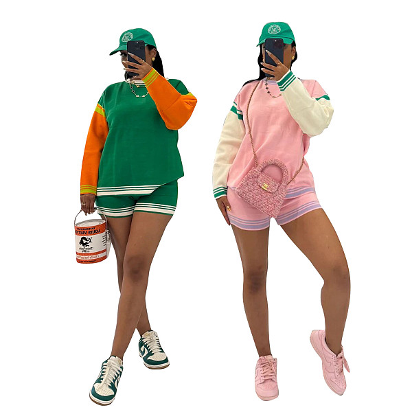Sport Casual Color-blocked Long-sleeved Shorts Knitted Suit TR-TS1337