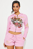 Pink women printed long sleeves shorts two pieces suits MJL-XX707