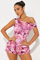 Fashion print women oblique collar crop top and high waist shorts BG-5083