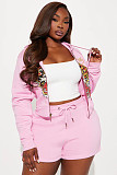 Pink women printed long sleeves shorts two pieces suits MJL-XX707