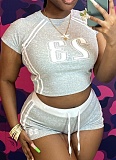 New Contrast Color Digital Print Navel-Baring Short-Sleeved Top And Shorts Two-Piece Set BG-65220