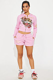 Pink women printed long sleeves shorts two pieces suits MJL-XX707