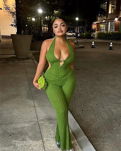 Hot sexy halter backless women bodycon flared jumpsuits BG-5060