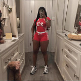 New Contrast Color Digital Print Navel-Baring Short-Sleeved Top And Shorts Two-Piece Set BG-65220