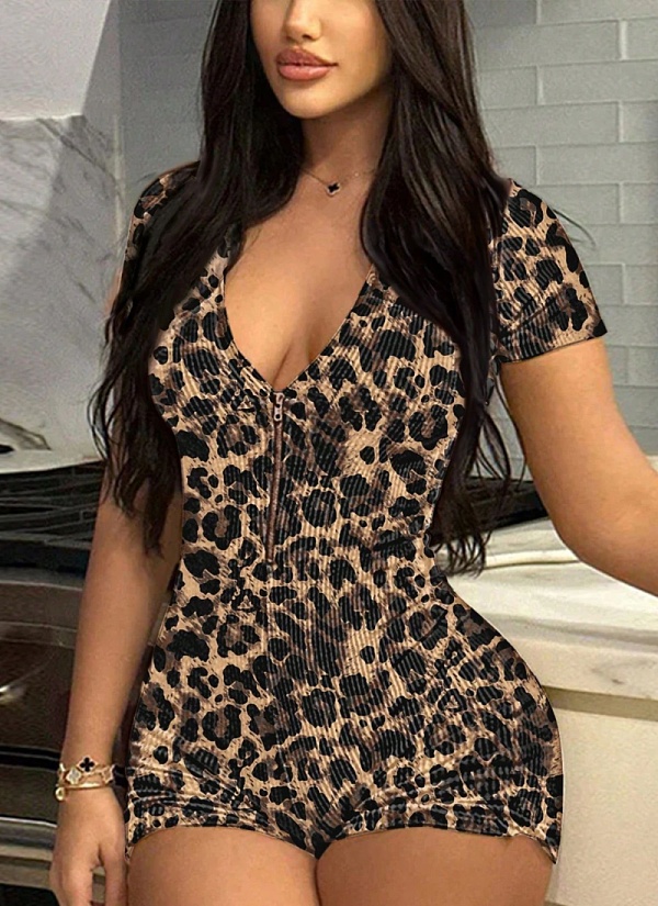 Leopard Print Short Sleeve V Neck Fashion Tight Hip Lifting Jumpsuit Women BG-5065