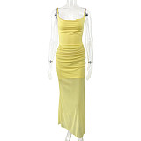 Yellow sexy ladies straps backless split wrinkle slim long dress ZYY-25569