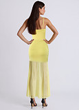 Yellow sexy ladies straps backless split wrinkle slim long dress ZYY-25569