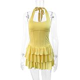 Women solid color halter lace-up tiered short dresses ZYY-25309