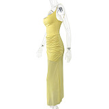 Yellow sexy ladies straps backless split wrinkle slim long dress ZYY-25569
